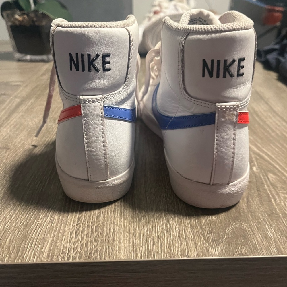 Nike White Kids High-Top Sneakers with Red and Blue Stripe Accents